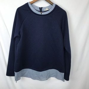 Pleione Navy Sweater Top W/ Chambray Trim Size XL